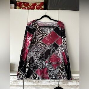 🌺 Cache Patchwork Animal Print Floral Top Size Large Y2K Stretch
